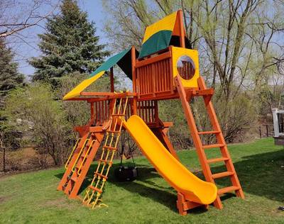 Woodplay playset with swingset and slide with looking window